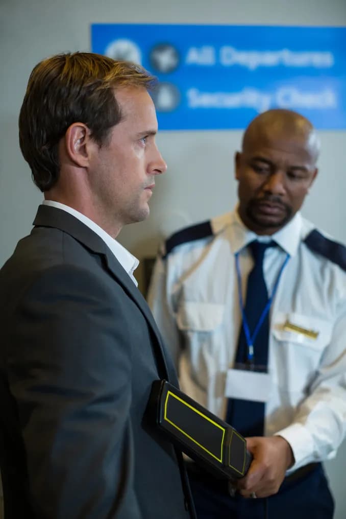 An airport officer checking a traveler through security