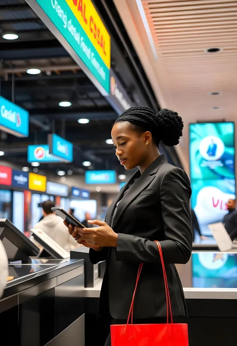 A traveler checking her phone at a transfer desk