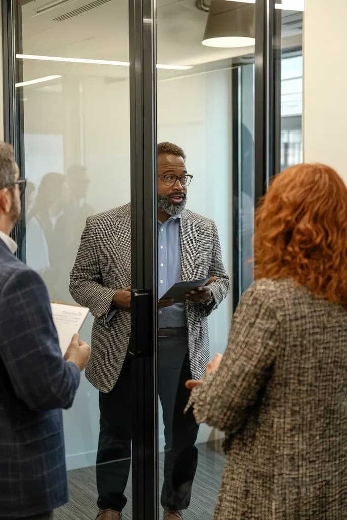Colleagues talking in a glass-walled meeting room