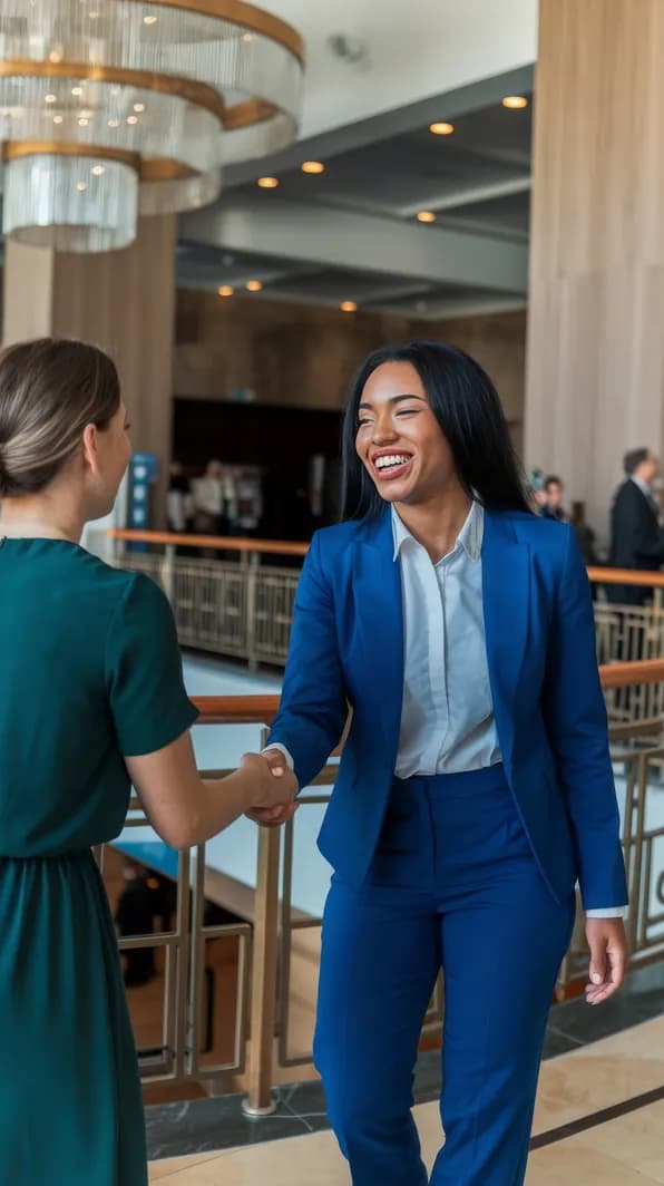 A greeter welcoming a guest in a hotel lobby