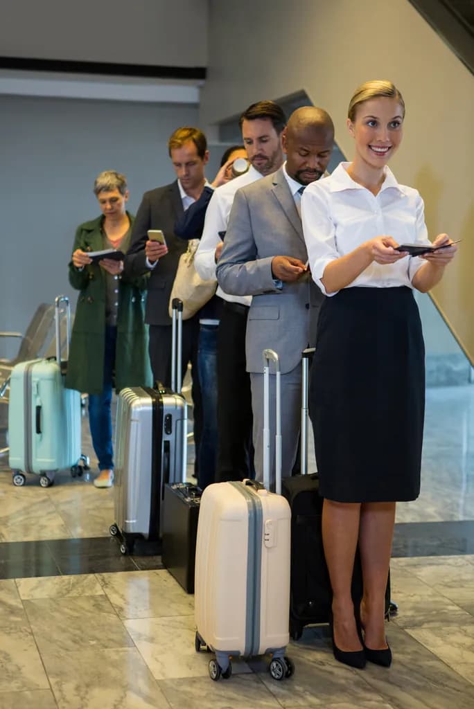 A greeter assisting travelers waiting in line with luggage