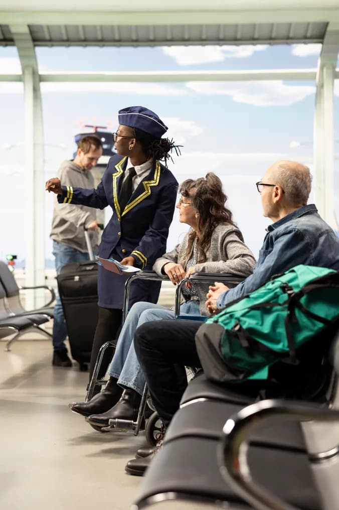 A representative assisting a wheelchair user at the gate