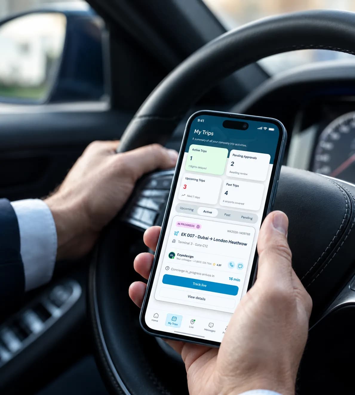 The Worldwide Greeter app showing live trip status on a phone