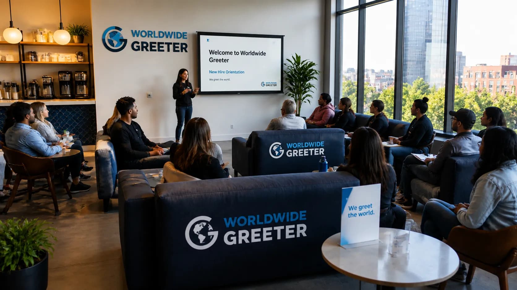 New hires seated for a Worldwide Greeter orientation session in a branded lounge