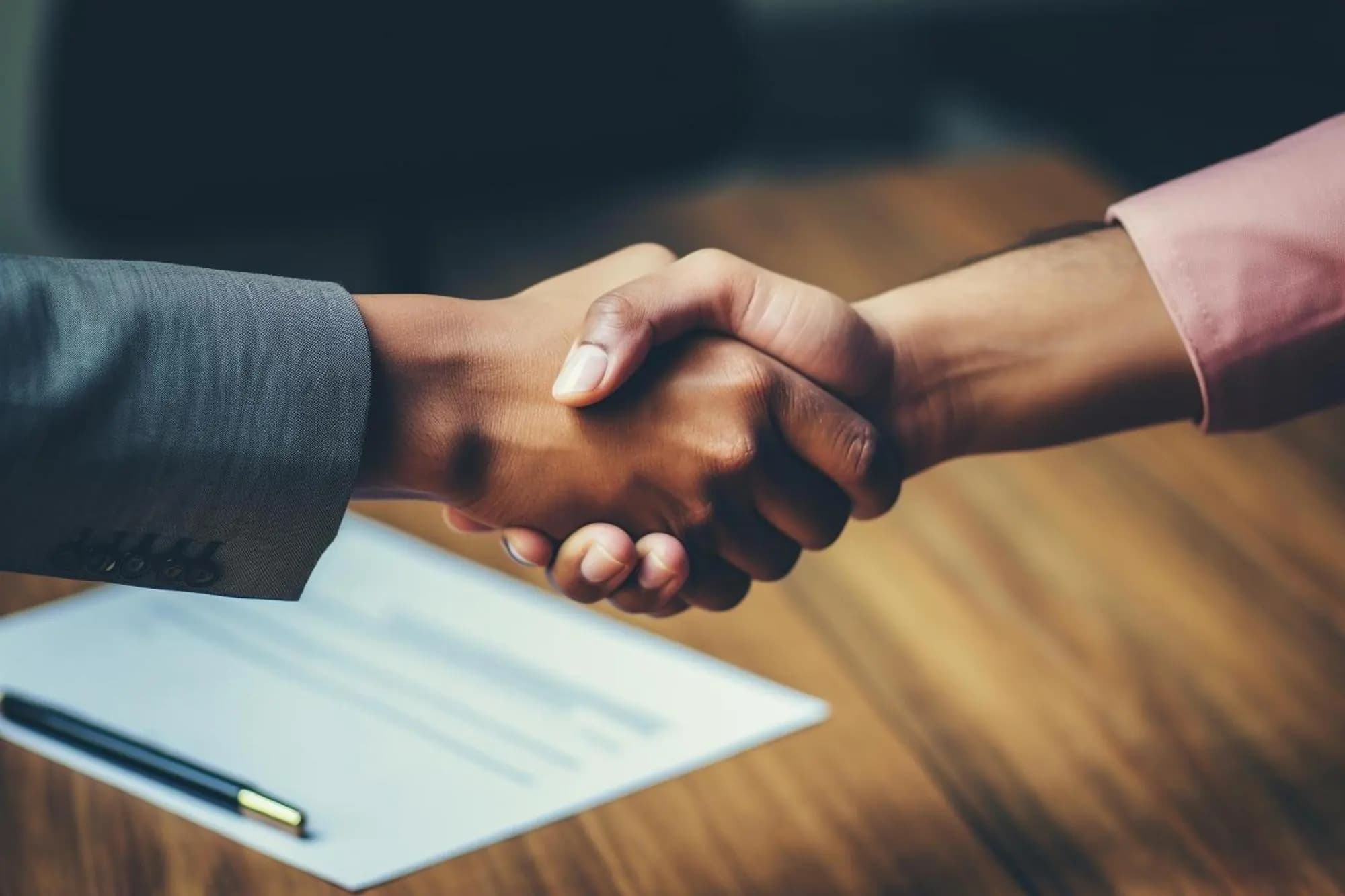 Two people shaking hands over a signed document on a desk
