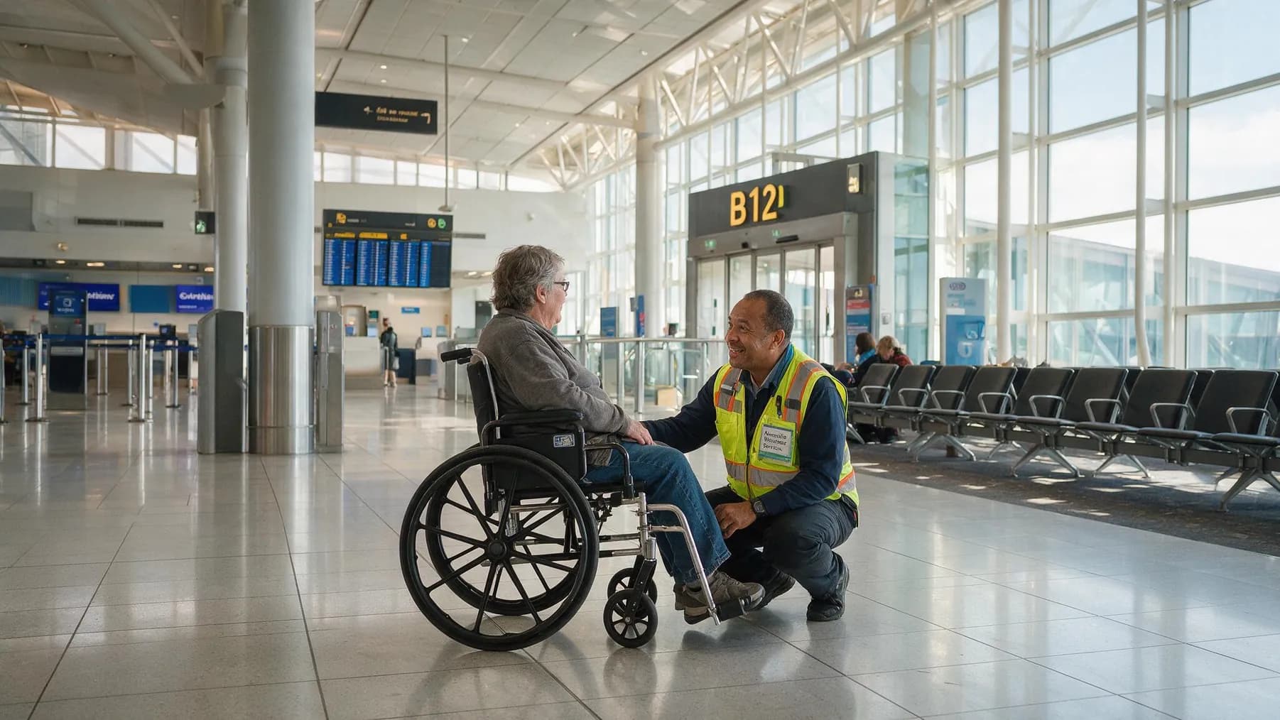 An airline agent kneeling to speak with a passenger using a wheelchair at the gate