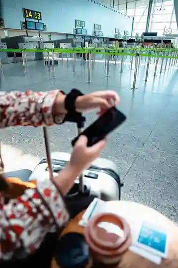 A traveler checking a phone beside a suitcase in front of empty check-in desks
