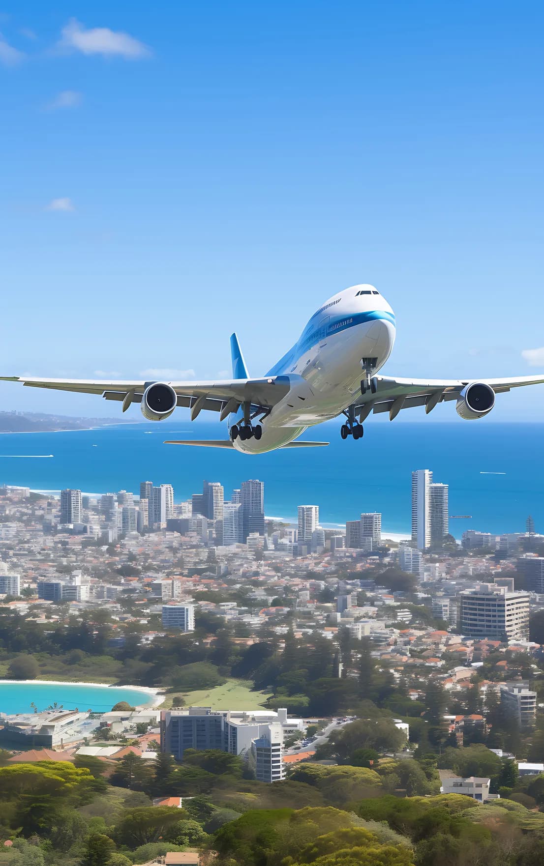 A wide-body airliner climbing over a coastal city