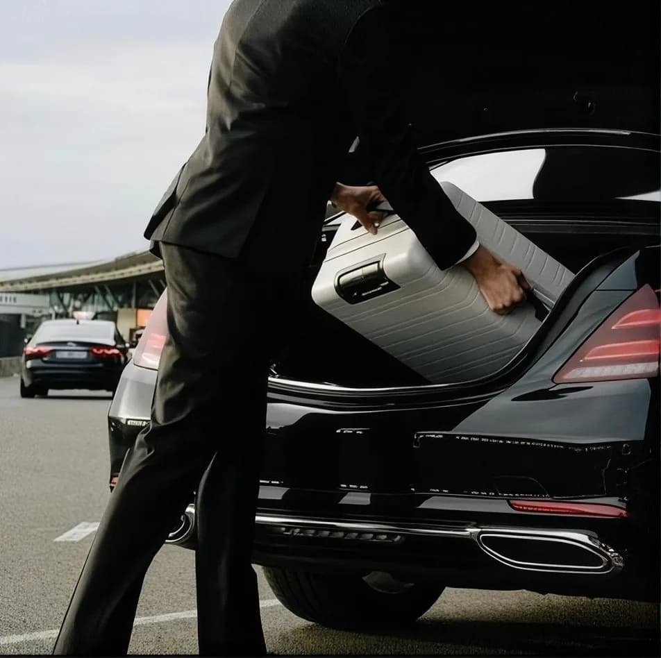 A chauffeur loading luggage into a car at the airport curbside