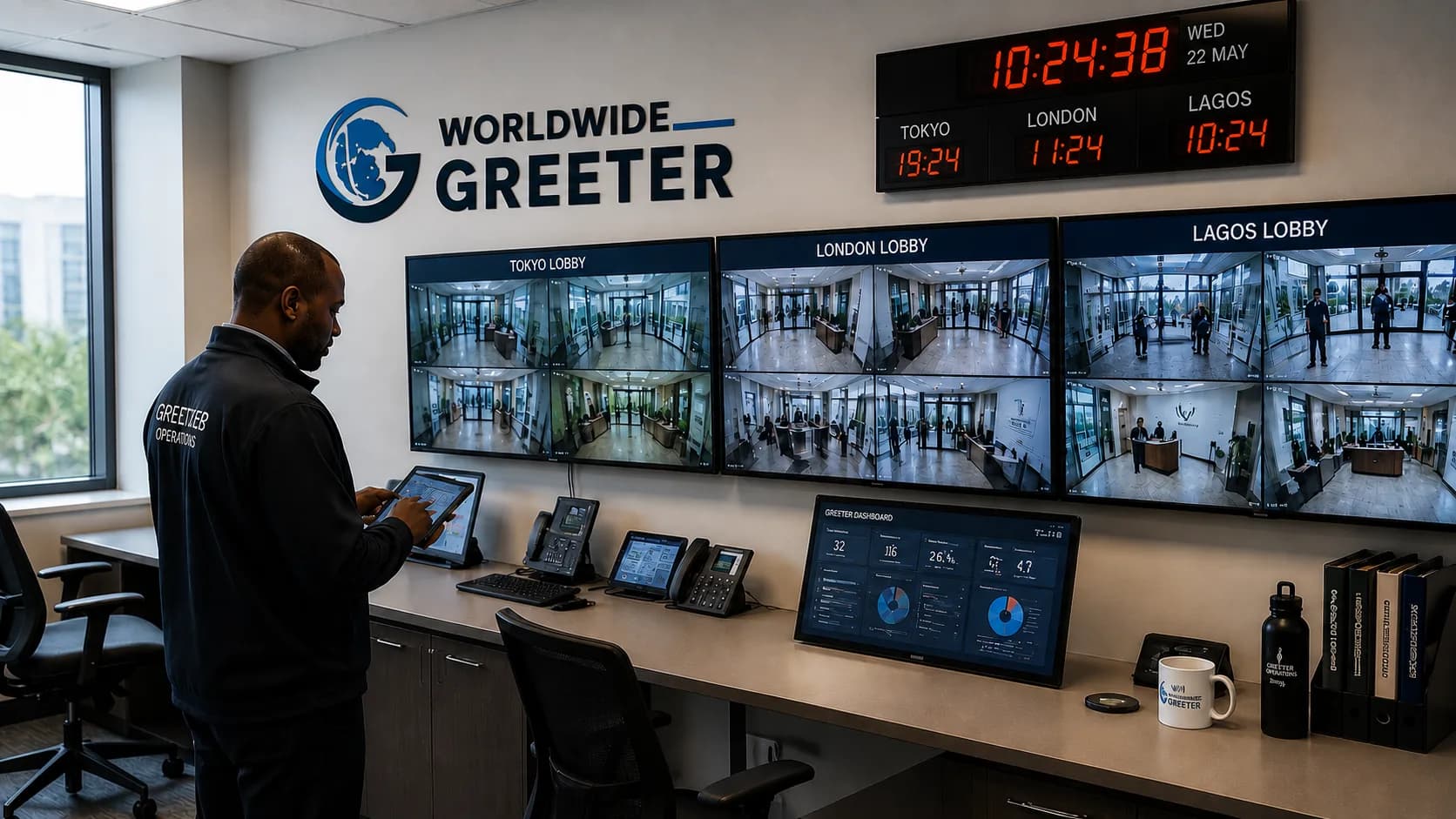 The Worldwide Greeter operations center with live airport monitoring screens
