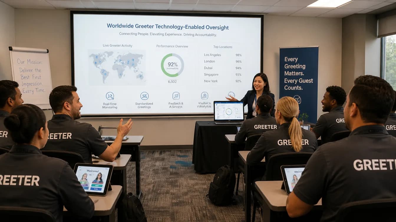 A Worldwide Greeter team briefing session in front of a service dashboard