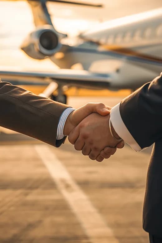 Business travelers shaking hands beside a private jet