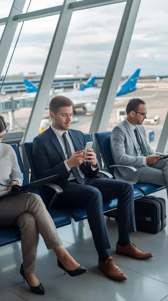 Business travelers waiting at the gate with aircraft outside the window