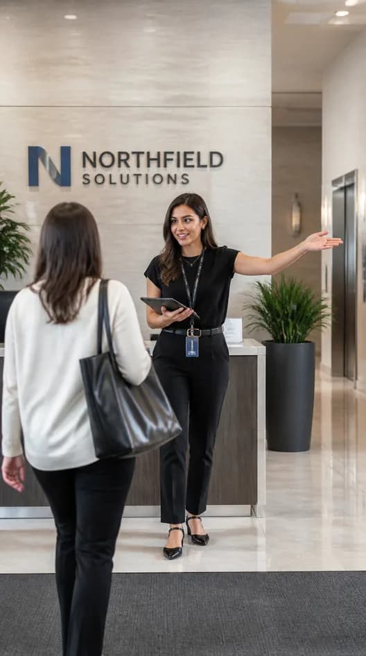 A representative welcoming a guest at a service desk