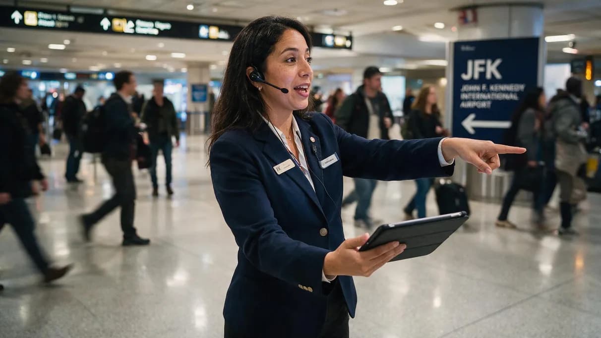 A greeter directing an arriving traveler in the terminal
