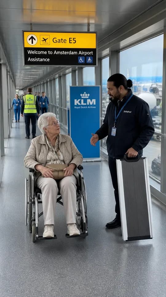 An agent assisting a passenger using a wheelchair through the terminal