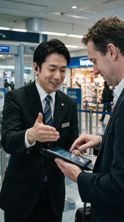 A greeter reviewing departure details with a traveler on a tablet