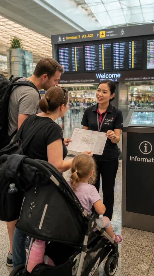 An agent helping a family at an airport information desk