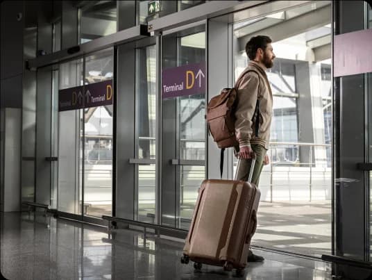 A traveler with a suitcase and backpack walking past illuminated terminal signage