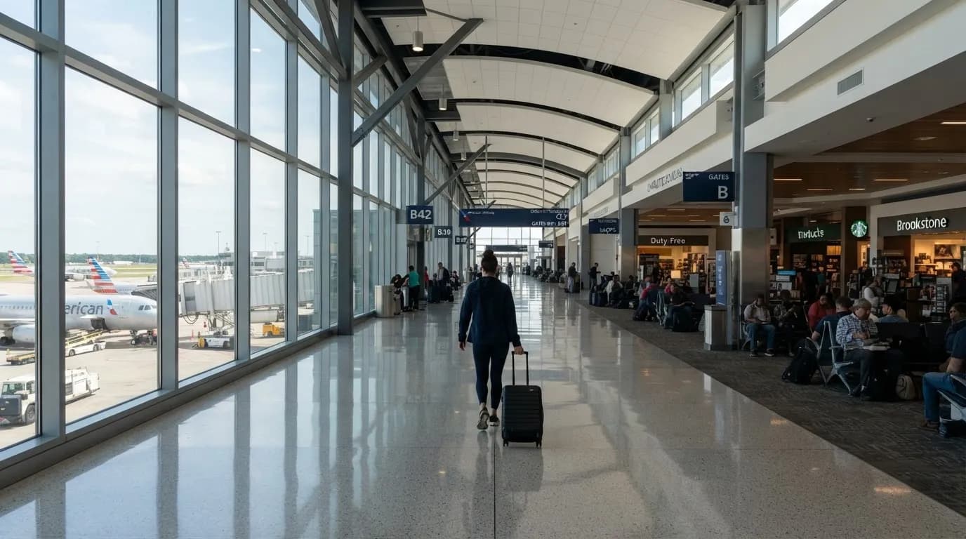 A traveler walking through an airport terminal with a suitcase