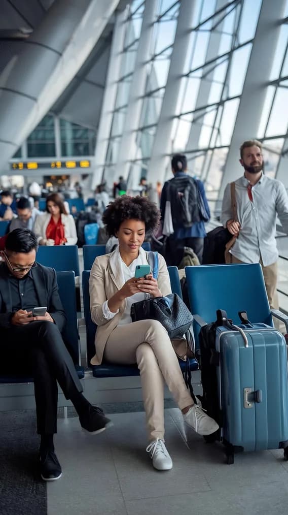 Travelers waiting for their flights in a busy terminal