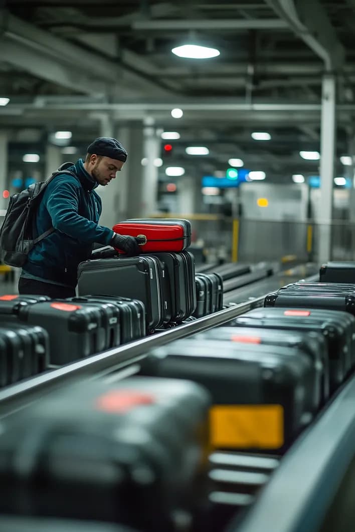 A baggage handler loading suitcases onto a belt