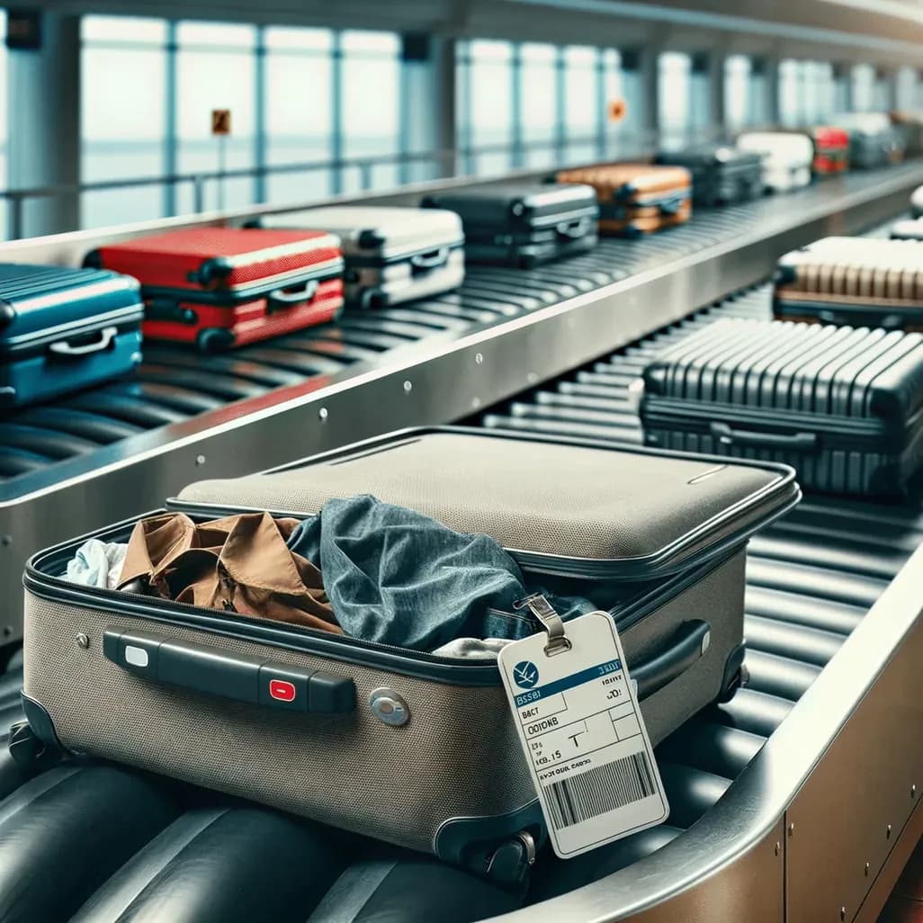 A tagged suitcase moving along a baggage belt