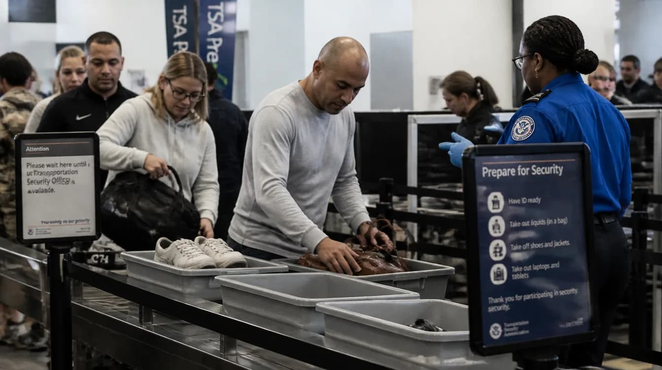 Travelers moving through an airport security checkpoint