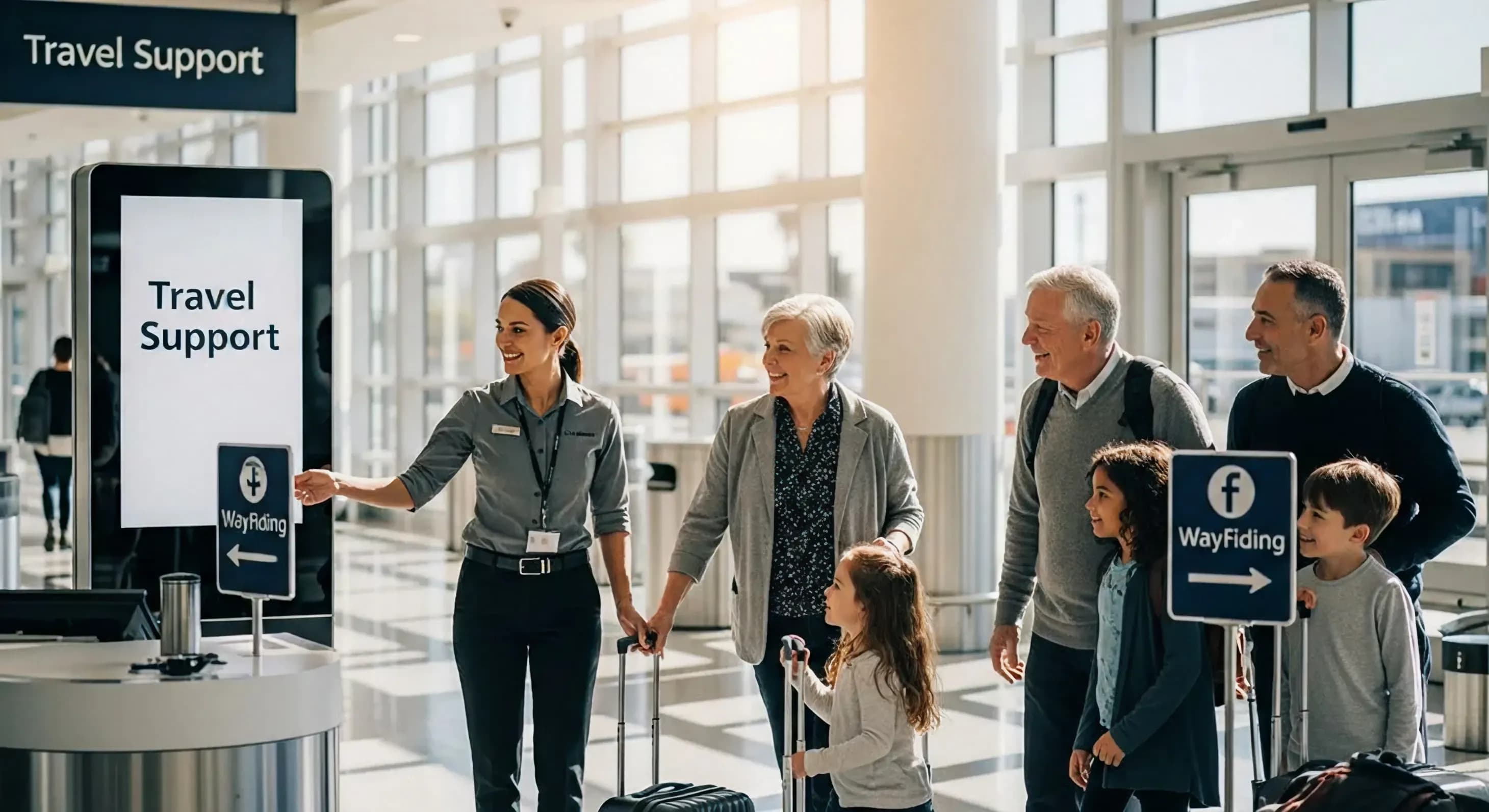 An airport greeter directing a family past a travel support desk in a terminal