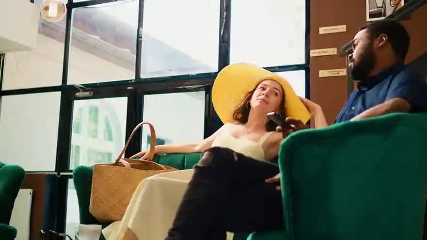 Travelers resting in green armchairs beside tall lounge windows