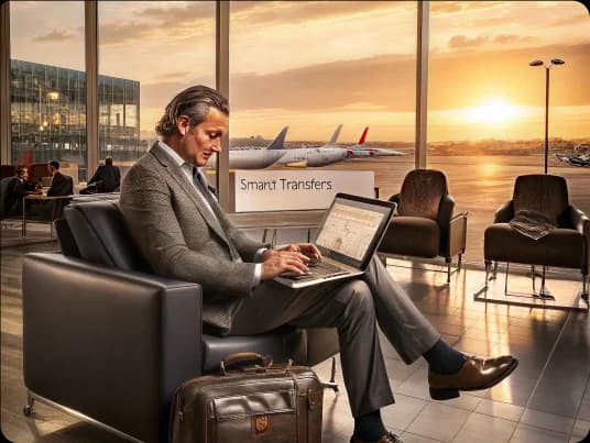 A traveler working on a laptop in an armchair overlooking the apron at sunset
