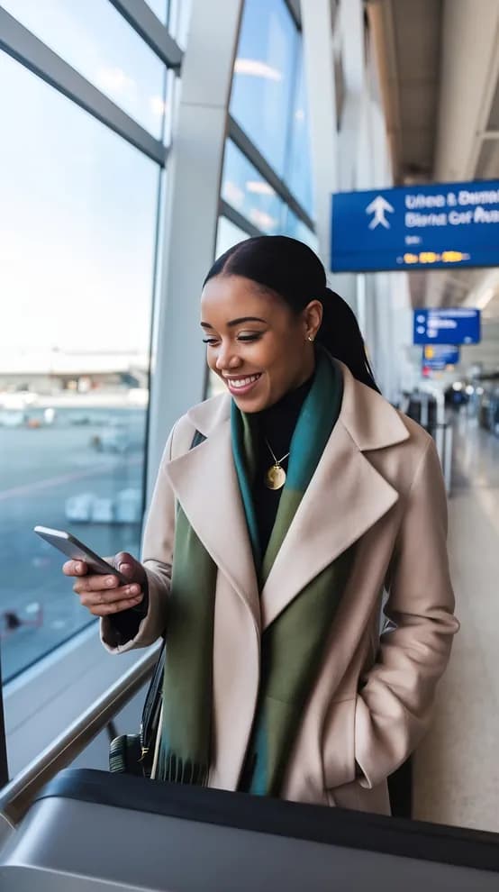 A traveler checking her phone beside a terminal window