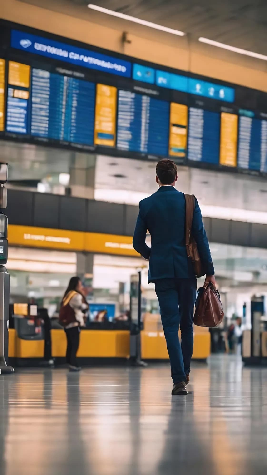 A business traveler walking through an airport terminal past the departure boards