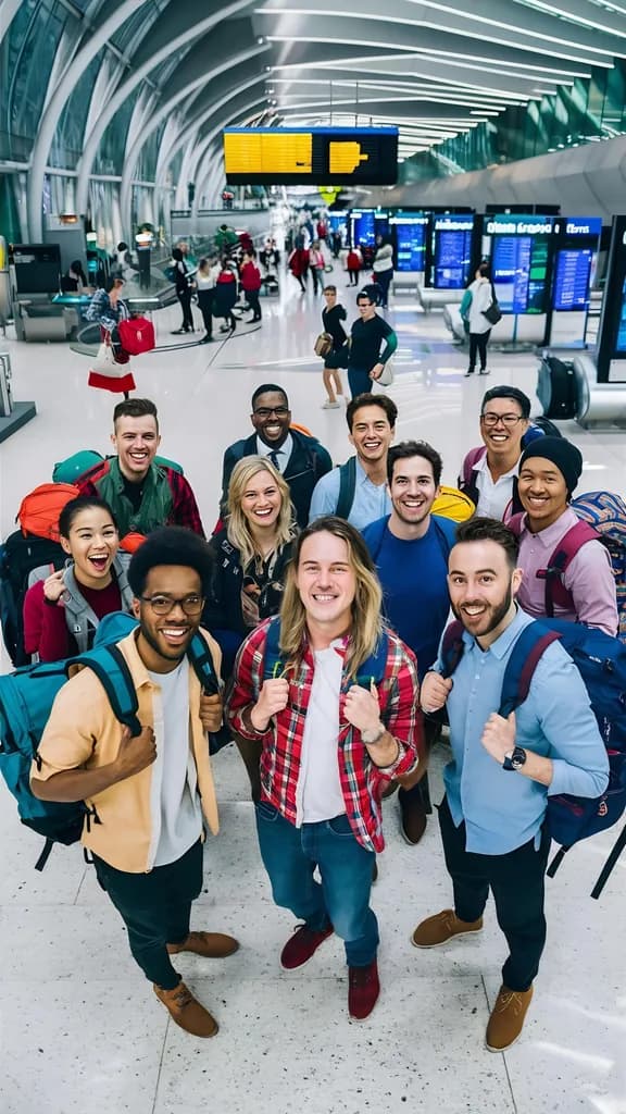 A group of travelers with backpacks in an airport concourse